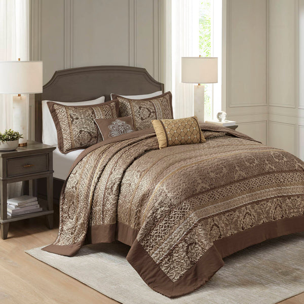 JLA Home Madison Park - 5 Reversible Jacquard Bedspread Set with Quilted Polyester, Brown Gold Elegance and Decorative Pillows 118 L x 120 W x 0.25H MP13-5319
