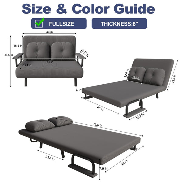 English Elm 46" Wide Corduroy Sleeper Sofa Bed Convertible Folding Chair for Two with Adjustable Backrest Grey W2700P431034