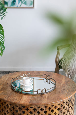 English Elm D18x2" Valentina Silver Round Mirror Tray with Distressed Openwork Frame, Speckled Glass Surface for Vanity Decor W2078P391069