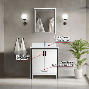 English Elm White 30 in. Bath Vanity with White Quartz Top, Chrome Faucet & 28x32 Mirror, Scratch-Resistant Finish B2731S01342