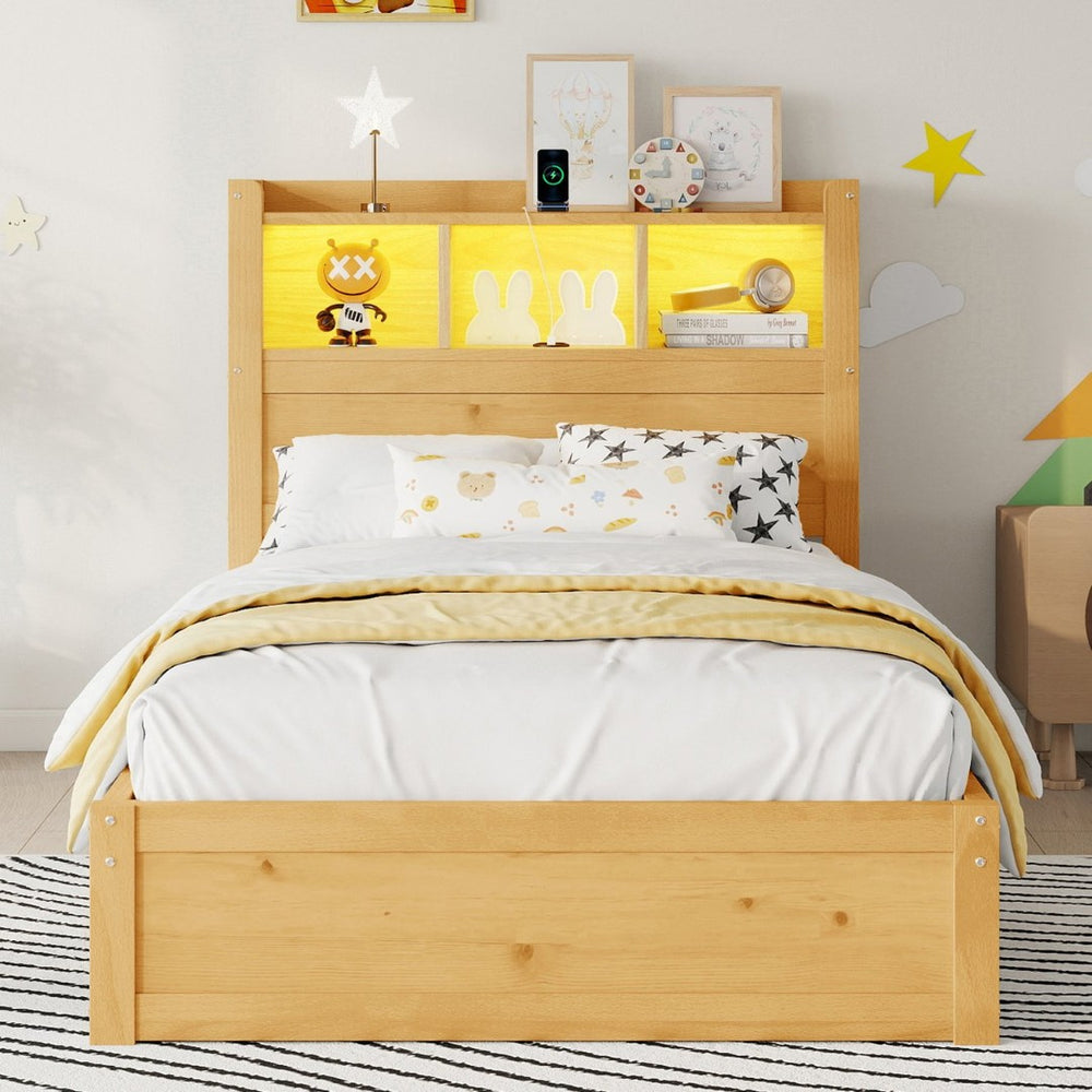 English Elm Twin Wood Storage Bed with Led Headboard Drawers and Pull Out Cabinet for Kids Natural W2593S00049