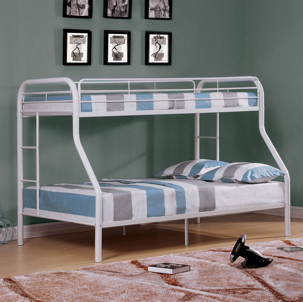 English Elm Twin Metal Bunk Bed In Glossy White - Contemporary Twin-Over-Full Design With Angled Ladder & Space-Saving Style B2741S00312-GIGA