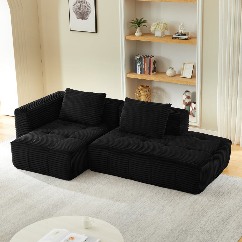 English Elm L-Shape modular compressed couch with corduroy upholstery, spring cushions, no assembly needed Black W2339P352933