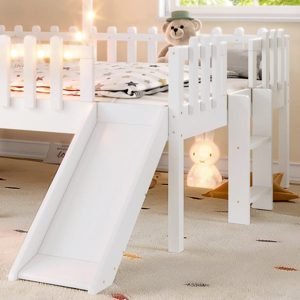 English Elm Twin Playhouse Loft Bed Solid Pine Frame with Slide Led Lights and Star Roof White W5316S00004
