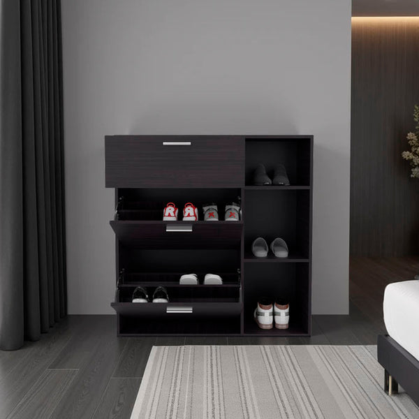English Elm Sierra Wenge Shoe Cabinet with 2 Tilt-Outs, Top Drawer & 3 Open Side Shelves – Vertical Storage, Scratch-Resistant Finish B128P375277
