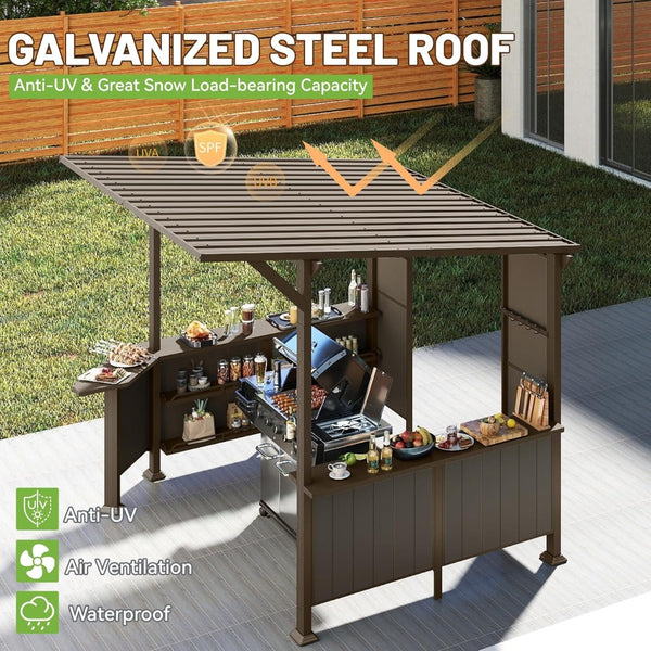 English Elm 9x10ft Hardtop Outdoor Grill Gazebo Galvanized Steel Canopy with Shelves for Patio Brown W1859S00181