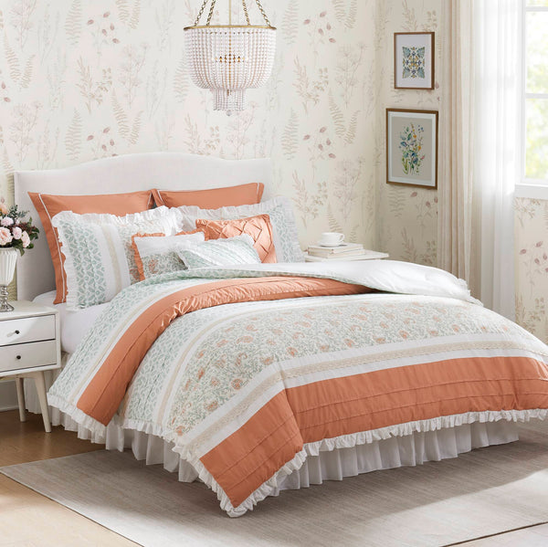 English Elm 9 Piece Cotton Percale Comforter Set - Charming Coral Queen Bedding With Shabby Chic Design & Pillows B03596894