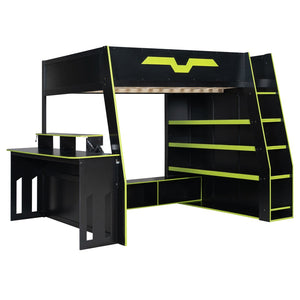 English Elm Full Size Wood Loft Bed with Rgb Lighting Desk and Multi-tier Shelves for Gaming Green LT000374AAG