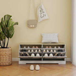 English Elm Shoe Storage Bench With Elegant Antique White Finish, 2 Flip Drawers & Adjustable Shelf For Versatility W1120P290636-GIGA