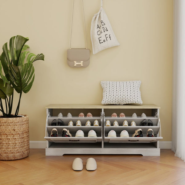 English Elm Shoe Storage Bench With Elegant Antique White Finish, 2 Flip Drawers & Adjustable Shelf For Versatility W1120P290636-GIGA