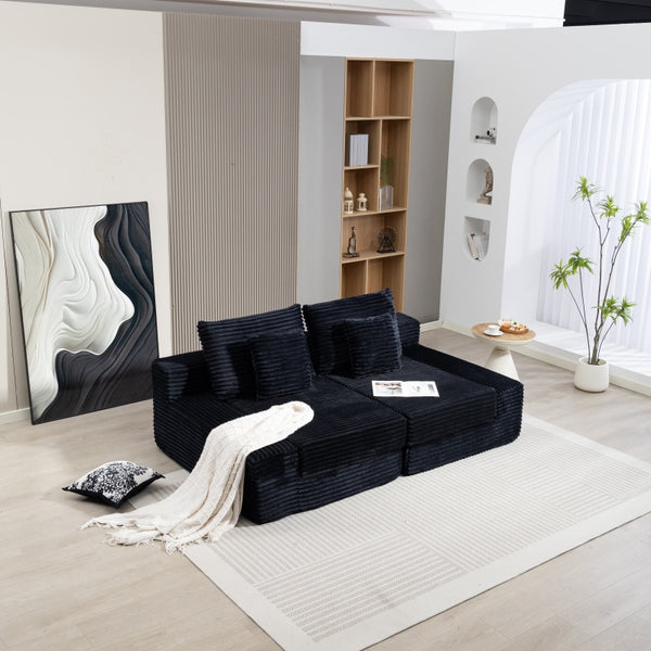 English Elm Double Cloud Plush Chaise Lounge Sofa Bed with Deep Seat, No Assembly, Ultra-Soft Corduroy Comfort Black W794S00004