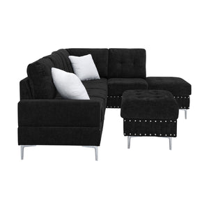 English Elm Sectional L-Shaped Chenille Sofa with Chaise Storage Ottoman, Metal Eucalyptus Frame, 4-Seater Spacious Black W1413S00117