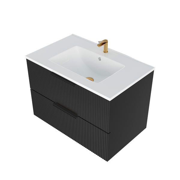 English Elm 30 Inch Bathroom Vanity with Sink — Floor-Standing Stability, Soft-Close Drawers, Ample Storage, Durable Finish Matte Black 32.28 L x 22.83 W x 7.87 H W3520S00002