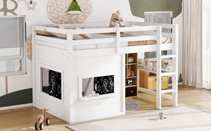 English Elm Twin Loft Bed House Frame with Sliding Chalkboard Built-in Bookshelf and Safety Rails White W1580S00319