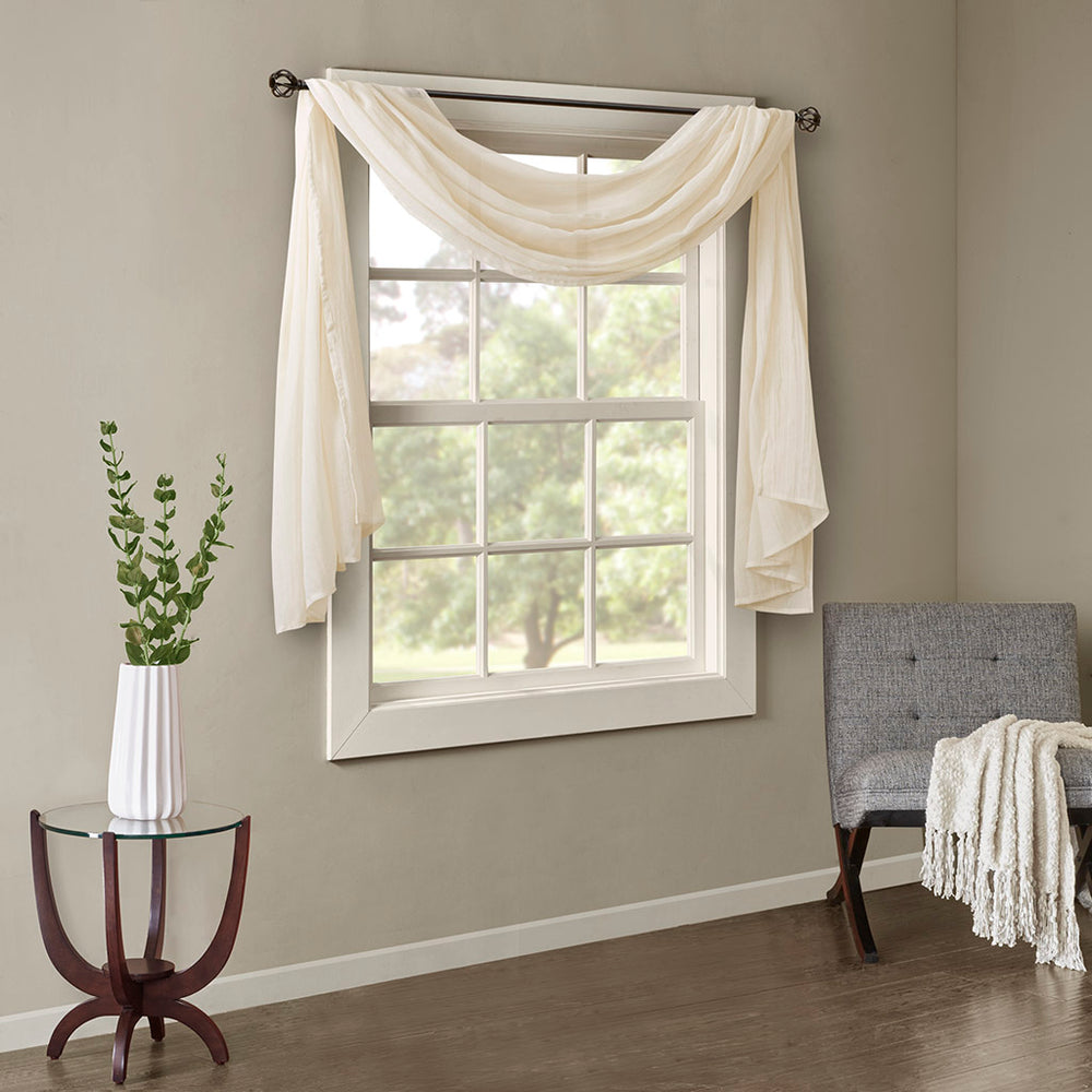 JLA Home Madison Park - Solid Crushed Sheer scarf in Rich Cream — Lightweight textured window drape that softly filters light and layers beautifully 144 L x 42 W x 0.13H MP40-4528