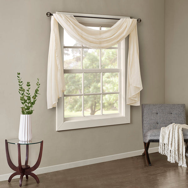 JLA Home Madison Park - Solid Crushed Sheer scarf in Rich Cream — Lightweight textured window drape that softly filters light and layers beautifully 144 L x 42 W x 0.13H MP40-4528