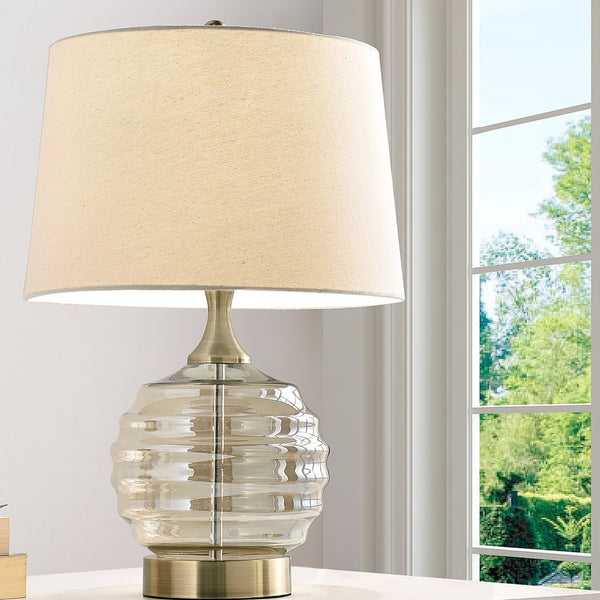 English Elm 22.5" Tuscan Sun Glass Table Lamp Champagne Finish with Beige Linen Shade, Antique Brass Base, UL Listed B072116576
