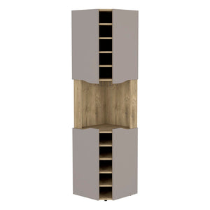 English Elm Obregon Corner Bar Cabinet with Ten Slot Wine Rack and Stemware Storage in Warm Neutral B200S00391