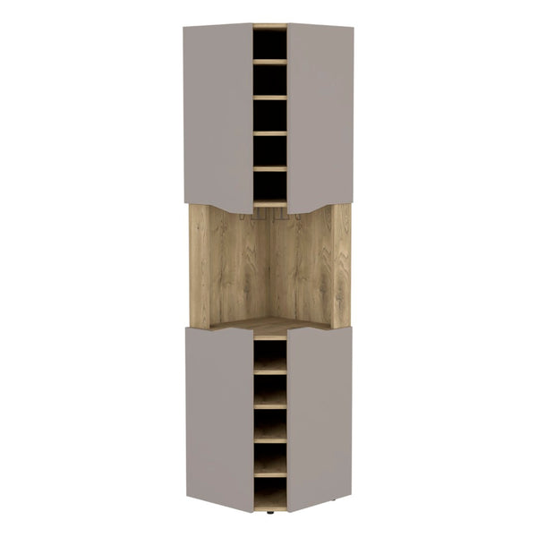 English Elm Obregon Corner Bar Cabinet with Ten Slot Wine Rack and Stemware Storage in Warm Neutral B200S00391