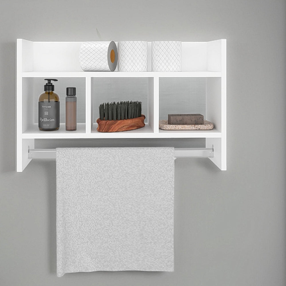 English Elm White Bath Shelf with Towel Bar and Open Storage Shelves for Towels Toiletries and Decor, Durable Melamine Finish B062P380958
