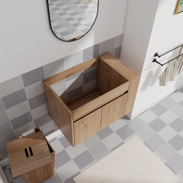 English Elm 30 Inch Wall Mounted Bathroom Vanity with Open Shelf Hardware Free Handle Design W99956039