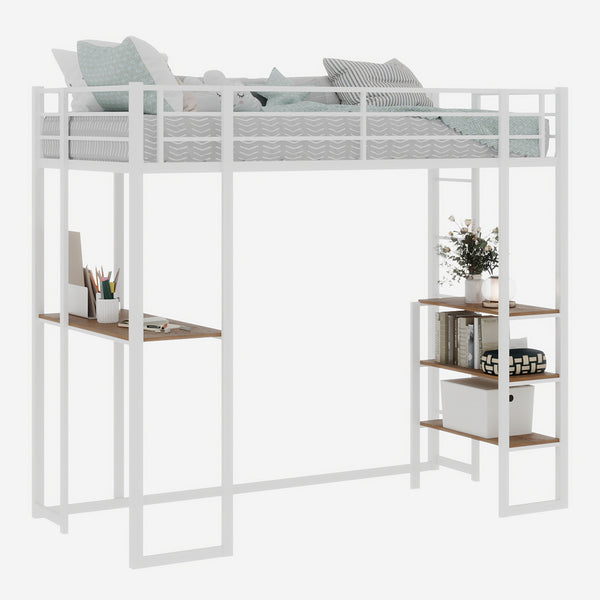 English Elm Iron framed bunk bed with L-shaped study desk and dual-side stairs, space-saving durable design White W1935P330796