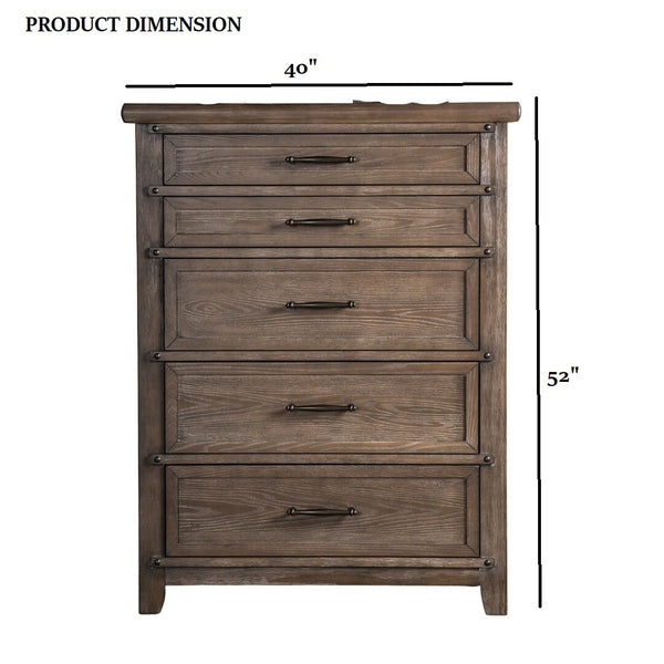 English Elm Transitional Brown Oak Five Drawer Tall Chest Smooth Glides Bedroom Storage B2741P372705