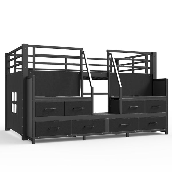 English Elm Twin Low Loft Bed with Shelves Fabric Drawers and Under Bed Study Nook Metal Frame Black W5305S00043