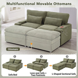 English Elm Loveseat Convertible Sectional Sofa Bed with Storage, Two Ottomans, Dual USB Ports & Cup Holders Green N719S002140F