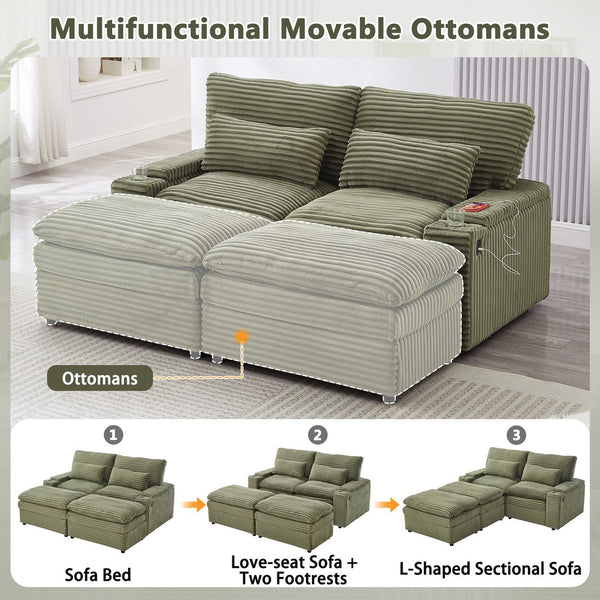 English Elm Loveseat Convertible Sectional Sofa Bed with Storage, Two Ottomans, Dual USB Ports & Cup Holders Green N719S002140F