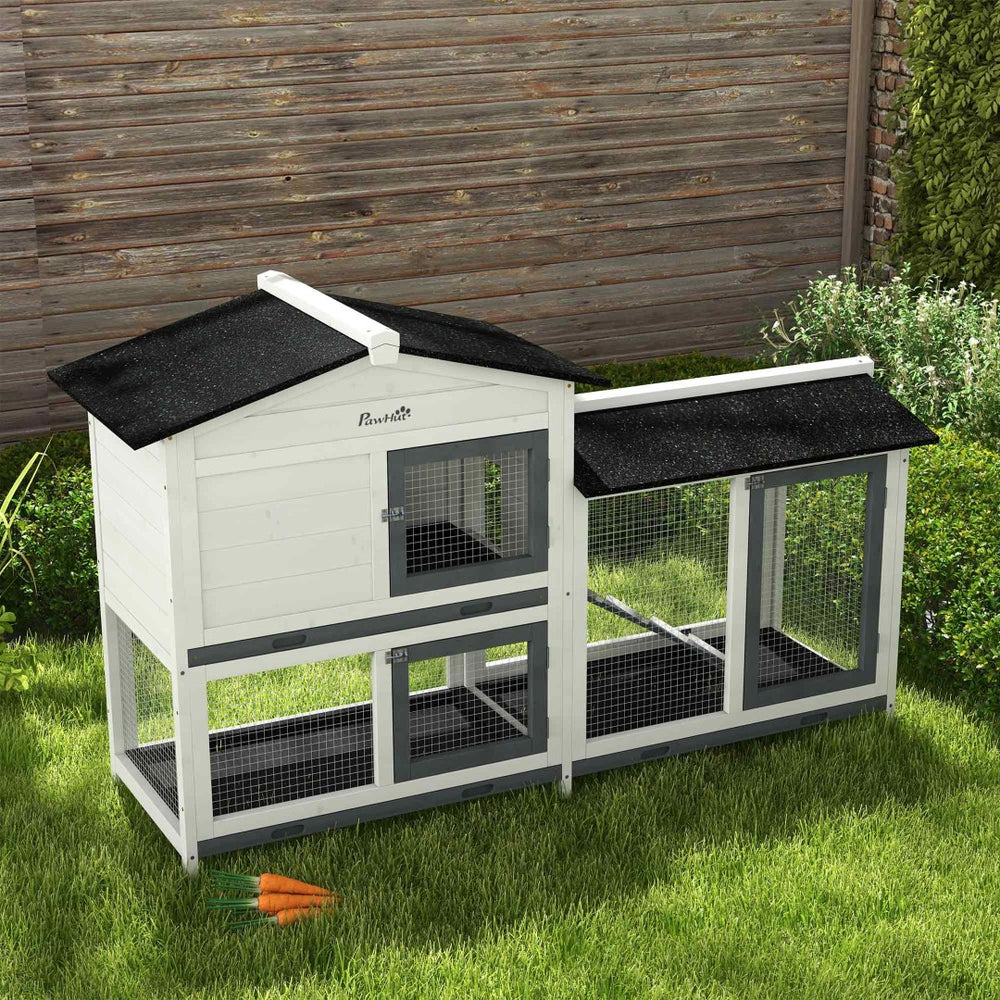 English Elm Pawhut Two-story Wooden Rabbit Hutch Outdoor Fir Frame Run Area Asphalt Roof W2225P249602