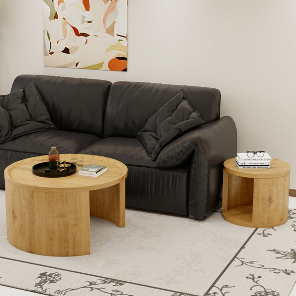 English Elm Round Nesting Coffee Tables with Wood Grain Tops Minimalist Set for Living Room W1727S00091