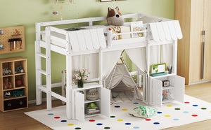 English Elm Twin Loft Bed Cottage-Style Playhouse with Built-In Bookshelf, Curtain & Storage, Safe Guardrails White W1580S00355