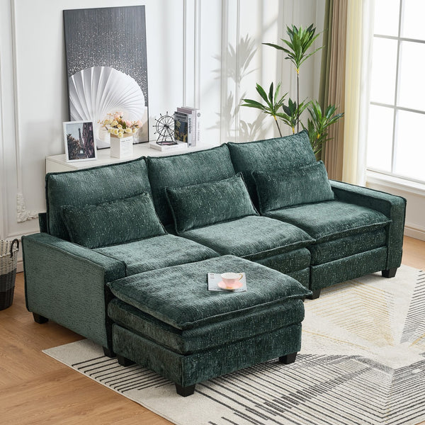English Elm 99'' Sectional Cloud Deep Seat Couch - Plush Chenille 4-Seat L-Shaped Sofa with Movable Ottoman, Stain-Resistant Comfort and Ergonomic Lumbar Support Green W3373S00025