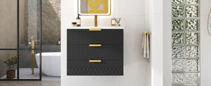 English Elm 24inch Bathroom Vanity with Ceramic Basin Sink, Wall-Mounted Double Drawer Cabinet for Small Baths Black N710P324097B