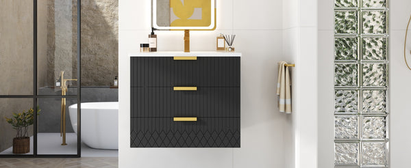 English Elm 24inch Bathroom Vanity with Ceramic Basin Sink, Wall-Mounted Double Drawer Cabinet for Small Baths Black N710P324097B