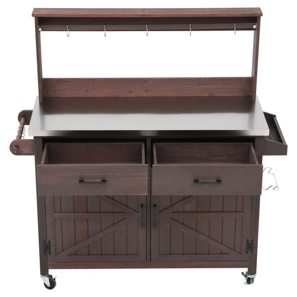 English Elm K&k Solid Fir Grill Cart Stainless Steel Top Outdoor Kitchen Station with Locking Wheels Brown N707P409087Z