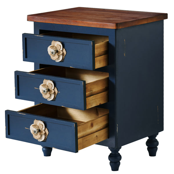 English Elm Vintage Farmhouse End Table with Floral Knobs 3-Drawer Rustic Nightstand Solid Wood Accents Antique Blue,Walnut W3306P318868