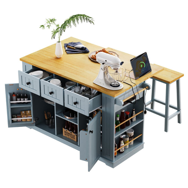 English Elm K&k 53 Inch Rolling Kitchen Island with Drop Leaf Power Outlet and Open Storage Racks Grey-Blue N707S185531G