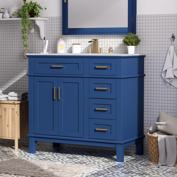 English Elm 36" Blue Modern Bathroom Vanity with Ceramic Sink, Solid Wood+MDF, Soft-Close Doors, 4 Drawers, Compact Elegance for Small Spaces N729P253935C