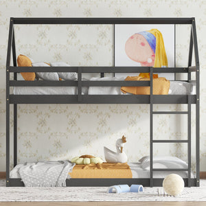 English Elm Twin Rubber Wood Floor Bunk Bed House-Shaped Design with Ladder Guardrails Sturdy Low-Profile Retreat Black W504P206865