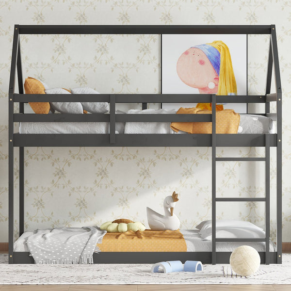 English Elm Twin Rubber Wood Floor Bunk Bed House-Shaped Design with Ladder Guardrails Sturdy Low-Profile Retreat Black W504P206865