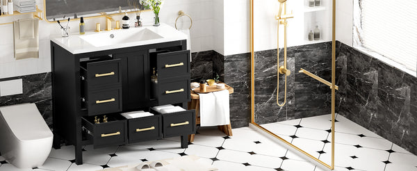 English Elm 36'' Bathroom Vanity with Resin Sink, Solid Wood Frame, 5 Drawers, Soft-Close Doors, Gold Knobs, Spacious Storage Black SW000142AAB-1