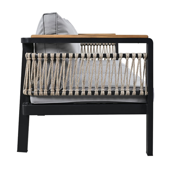 English Elm 4 Pieces Outdoor Sectional Sofa Set with Water-Resistant Cushions, Woven Rope Detail & Acacia Table Grey N719Z000130E