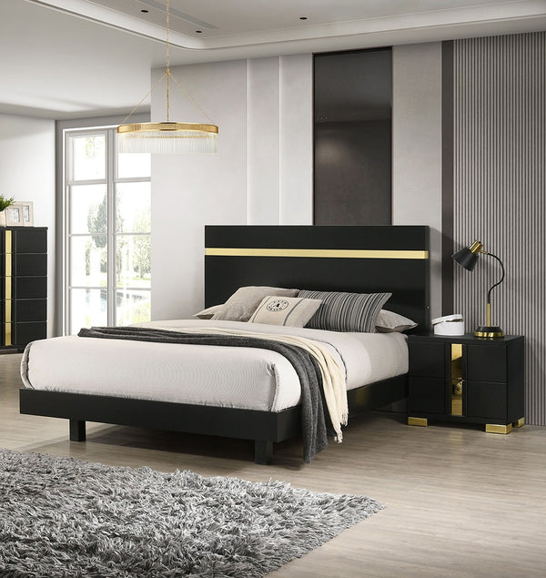 English Elm Modern Black 3-Piece Bedroom Set - Eastern King Bed With Led Lighting & Stylish Nightstands Included B2741S00184