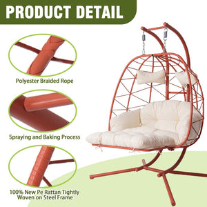 English Elm 2 Person Wicker Hanging Egg Chair with Stand Cushioned Swing for Patio Garden T5880P500224