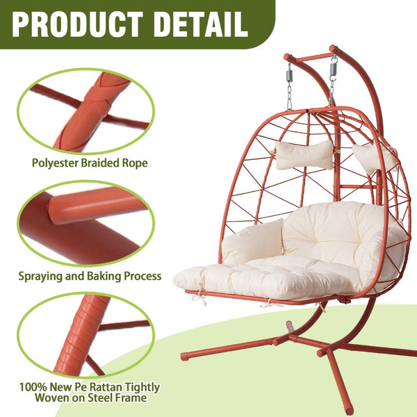 English Elm 2 Person Wicker Hanging Egg Chair with Stand Cushioned Swing for Patio Garden T5880P500224