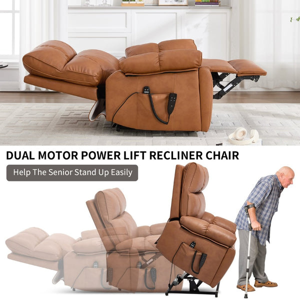 English Elm Orange Leatheraire Dual Motor Power Lift Recliner with Massage Heat and Lumbar W1803P340283