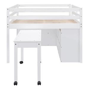 English Elm Full Size Kids Loft Bed Pinewood Frame Dual Study Desks Drawers and Open Shelving White LT000369AAK