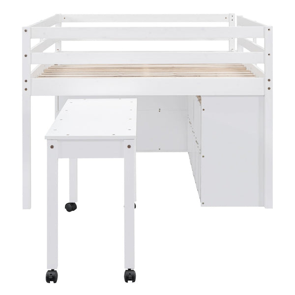 English Elm Full Size Kids Loft Bed Pinewood Frame Dual Study Desks Drawers and Open Shelving White LT000369AAK